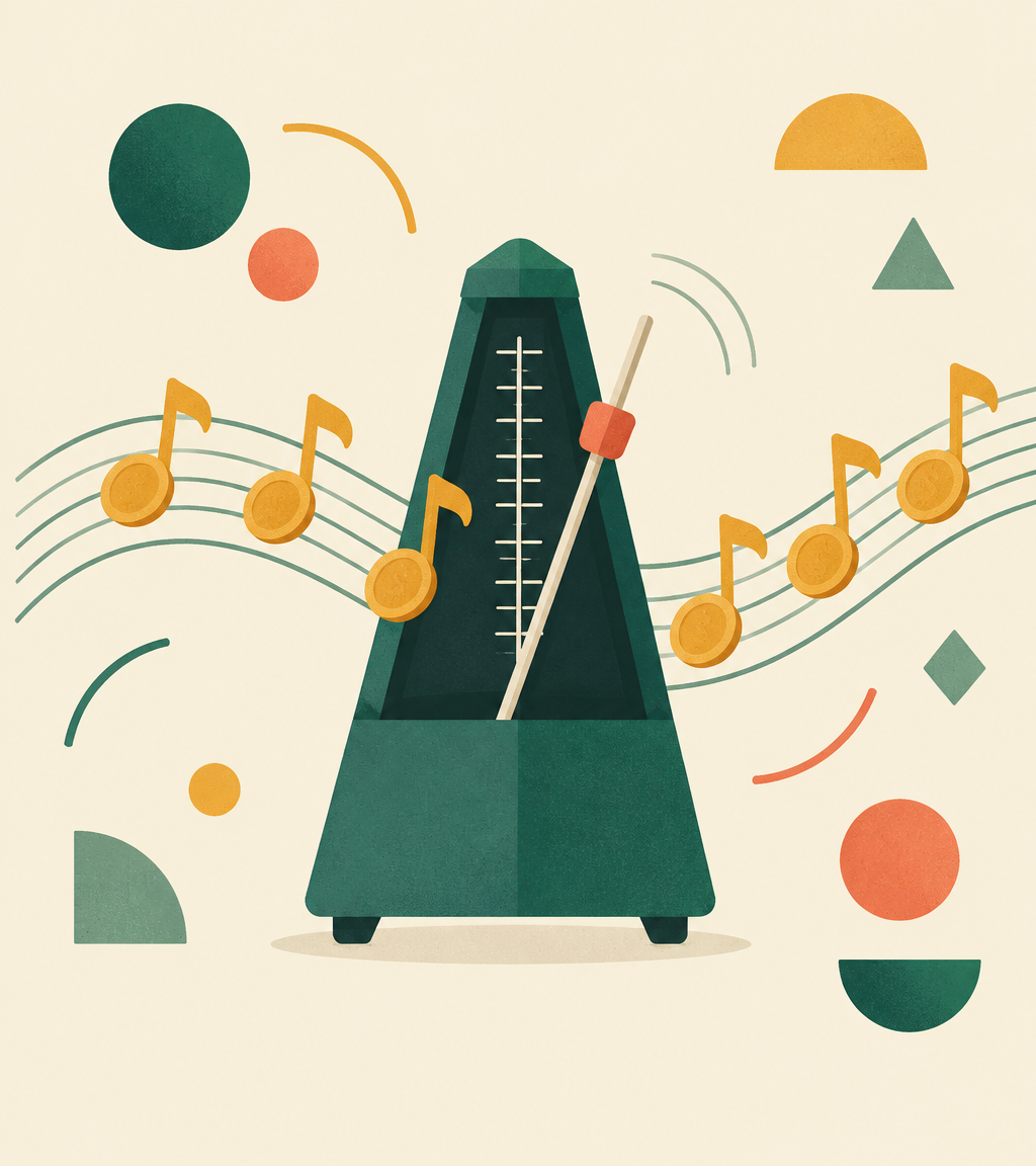 Illustration of a metronome with coin-shaped music notes